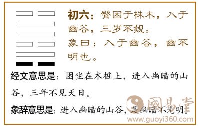 困卦第一爻，爻辞：初六：臀困于株木，入于幽谷，三岁不觌。